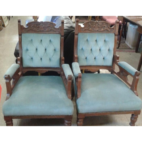 52 - Pair of Edwardian Blue Upholstered and Carved Armchairs