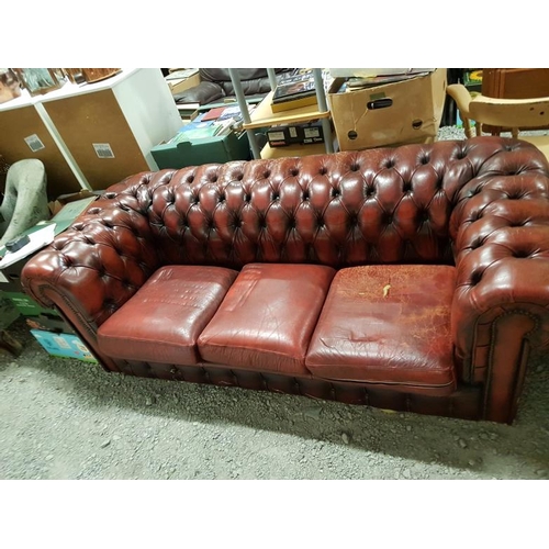 66 - Oxblood Leather Roll Top Three Seat Settee, c.6ft4in