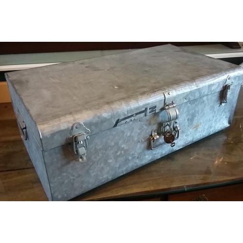 159 - Large Galvanized Tool Box with tools - German Hand Drills, Oil Can, Callipers.