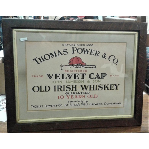 180 - 'T. Power, Dungarvan - Velvet Cap Old Irish Whiskey' Advertising Sign - c. 22.5 x 17.5ins