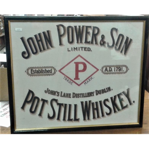 190 - 'John  Power & Son Pot Still Whiskey' Advertising Sign -  c. 22 x 18.5ins