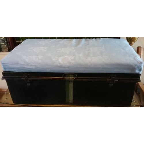 274 - Large Old Metal Travel Trunk, includes a blue bench cushion to turn the trunk into a seat.