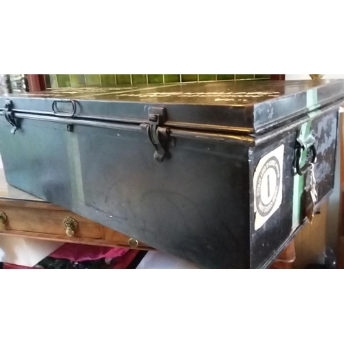 274 - Large Old Metal Travel Trunk, includes a blue bench cushion to turn the trunk into a seat.