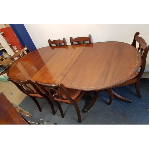 283 - Regency Style Inlaid Mahogany Twin Pedestal Dining Table (7ft) with one spare leaf, along with a Mat... 