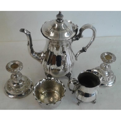 317 - Large Silver Plate Footed Coffee Pot and Milk Jug with Walker Hall Sugar bowl and a Good Pair of Sil... 