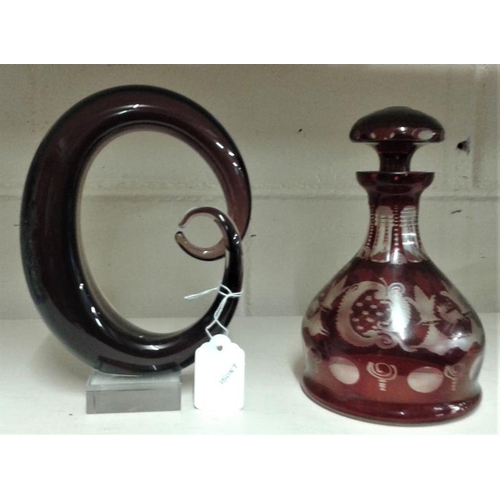 328 - Ruby Glass Decanter and Art Glass Figure