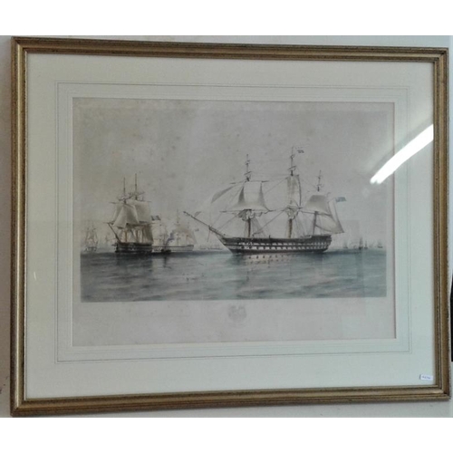 376 - Large Gilt Framed Print - 'The English & French Fleets in the Baltic 1846' - 33.5 x 27.5ins