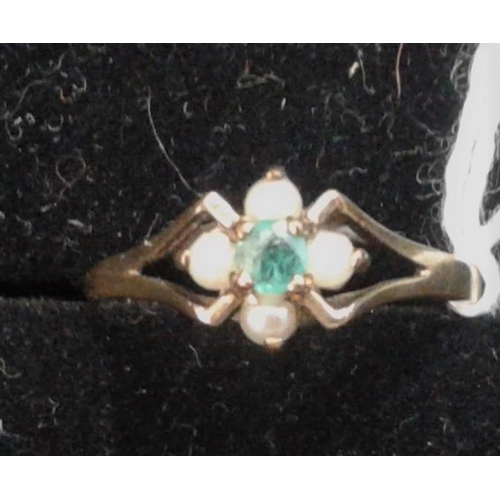 602 - 9ct Gold with Seed Pearl and Emerald Ring