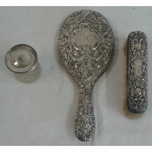 615 - Silver Embossed Hand Mirror and one Brush and a Hallmarked Silver Topped Pot