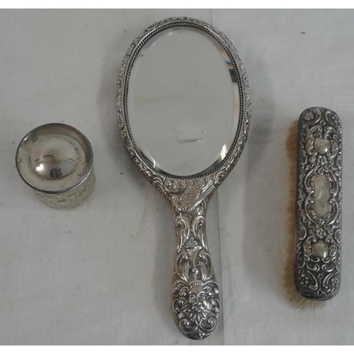 615 - Silver Embossed Hand Mirror and one Brush and a Hallmarked Silver Topped Pot