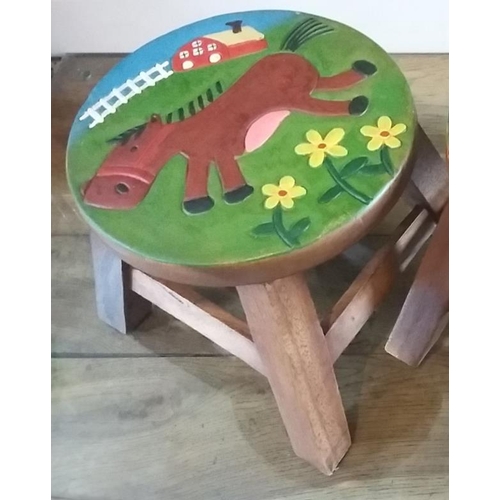 621 - Acacia Hardwood Stool with hand carved Horse design