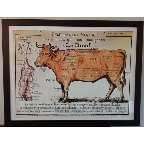 626 - Framed French Educational poster 'The Animals We Eat' A guide to Cut's of Beef' 26