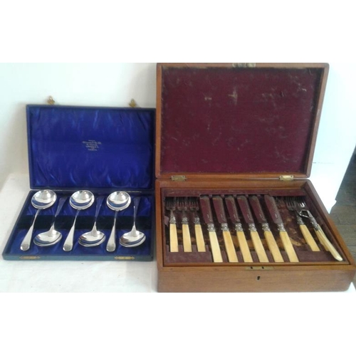 637 - Boxed Set of Twelve 1960 Engraved Silver Plated Fish Eaters with Ivory Handles and a Set of Six Elki... 