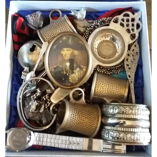 644 - Box of Collectables - Including Asprey Picture Frame, Bronze Jugs, Continental Silver & Silver Plate