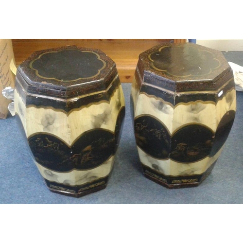 655 - Pair of Lacquered Barrel Seats, decorated with oriental scenes, 46cm High, from Hong Kong originally