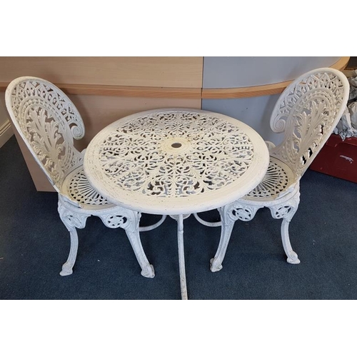 664 - Decorative Cast Metal Circular Garden Table with 2 matching chairs