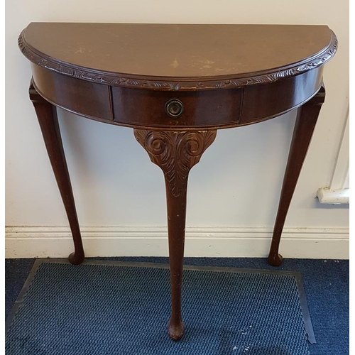 702 - Half Moon Side Table with a carved border and a single frieze drawer, c.30in wide