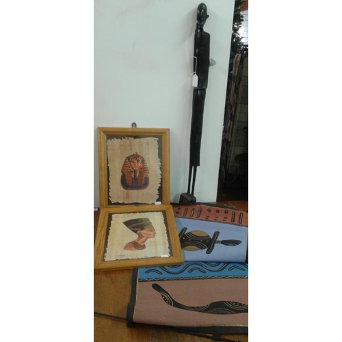 703 - Wall Hanging by African Artist (60 x 16.5ins) and African Wood Sculpture (32.5ins tall) and Two Egyp... 