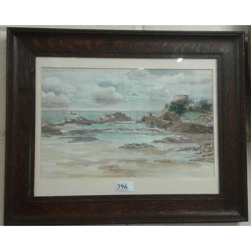 396 - Coastal Scene Watercolour in an Oak Frame, c.20 x 16.5in