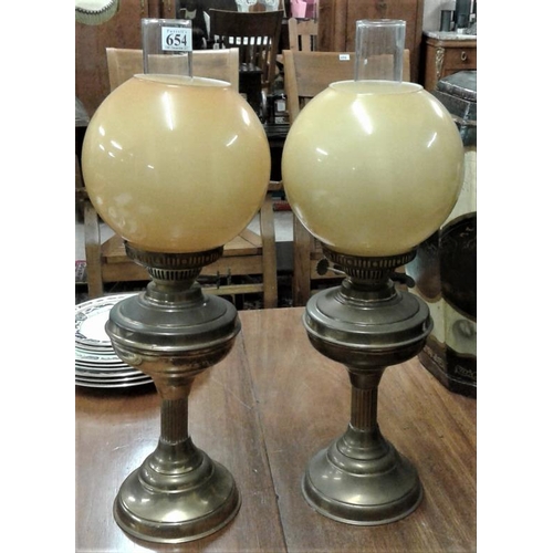 654 - Pair of Brass Oil Lamps with Globes and Shades