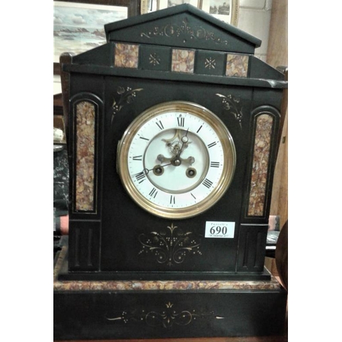 690 - Victorian Black Slate and Marble Mantle Clock, c.16in tall