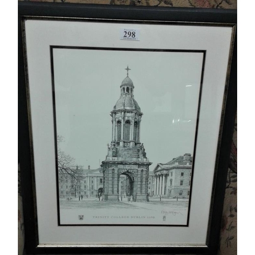 298 - Print of Trinity College, Dublin - Signed Fergus A. Ryan - Overall 18 x 22ins