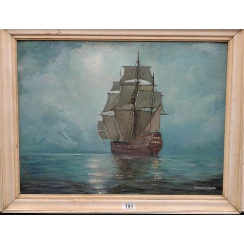 304 - Oil on board - 'Sailing Ship at Night' signed Bernard McLoughlin- Overall 27 x 21.5ins