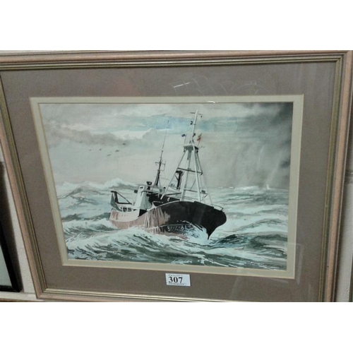 307 - WC - 'Fishing Trawler at Sea' signed Spencer 94 - Overall 19 x 15.5ins