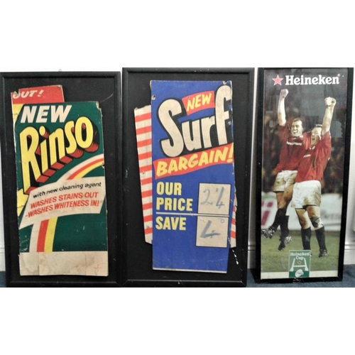 91 - Two Advertising Cards - Surf and Rinso and a Framed Heineken Cup Rugby Picture