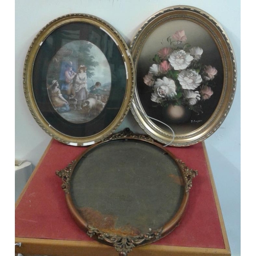 606 - Oval Mezzotint, Oval Gilt Painting and Oval Brass Frame