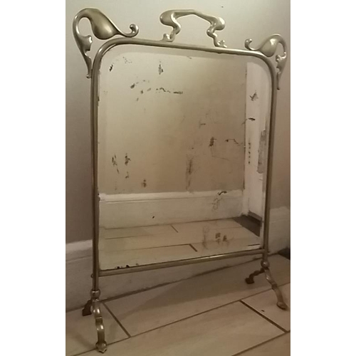 616 - Vintage Art Nouveau Style Brass Fire Guard with Old Mirror Panel