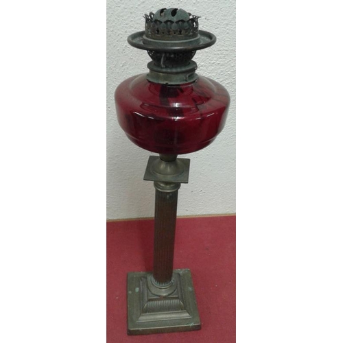 627 - Victorian Oil Lamp with Ruby Glass Reservoir on a Brass Corinthian Column - 22ins