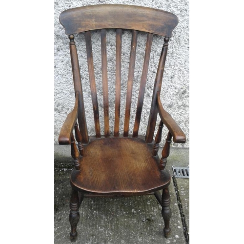 632 - Traditional 19th Century Farmhouse Slat Back Elbow Chair