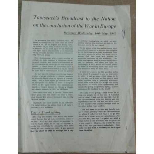 19 - Taoiseach’s Broadcast to the Nation at the Conclusion of the War in Europe, 16th May 1945. 4 pages. ... 