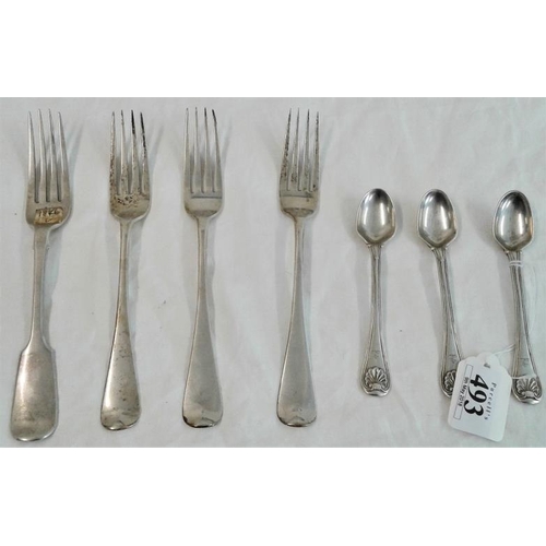 493 - Four Hallmarked London Silver Table Forks along with three matching Georgian London silver teaspoons... 
