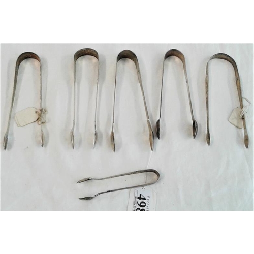 498 - Collection of Six Hallmarked English Silver Sugar Tongs, c.190grams