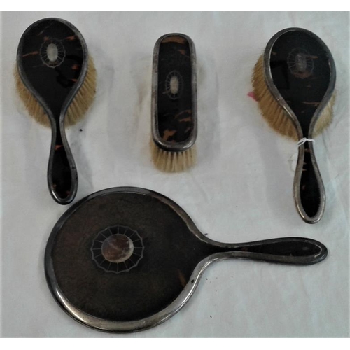 508 - Silver and Tortoiseshell Brush Set (3 brushes & 1 hand mirror), Hallmarked Birmingham c.1919 by Levi... 