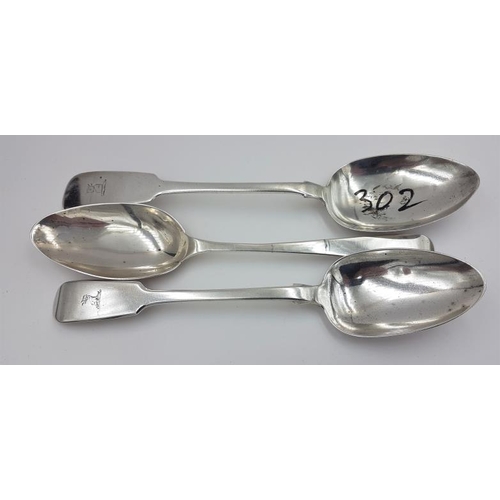 325 - Three Irish Silver Serving Spoons, c.195grams and largest 24cm long