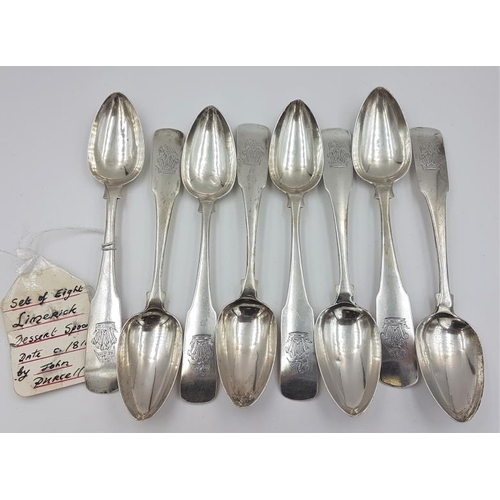 339 - Exceptionally Rare Set of Eight Limerick Dessert Spoons, c.1800, marked Sterling and with mark of Jo... 