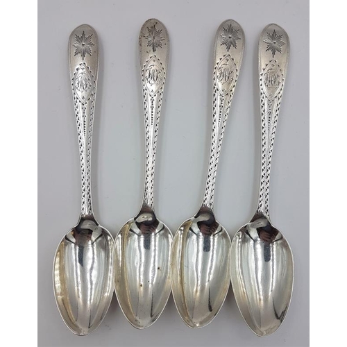 349 - Set of Four Victorian Bright Cut Irish Tea Spoons, Hallmarked Dublin c.1895 by West & Son, c.79grams... 
