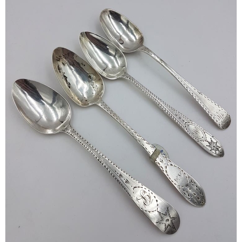 400 - Four Georgian Irish Bright Cut Silver Teaspoons incl. William Walsh, c.56grams, one un-marked