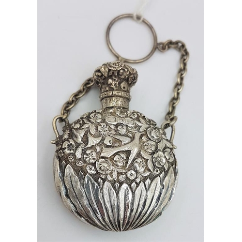 416 - Victorian Silver Lady's Scent Bottle decorated with birds and flowers, Hallmarked London c.1875 by E... 