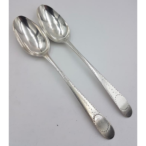 425 - Pair of Georgian Irish Bright Cut Serving Spoons, Hallmarked Dublin 1781, by John Pittar, c.108grams... 