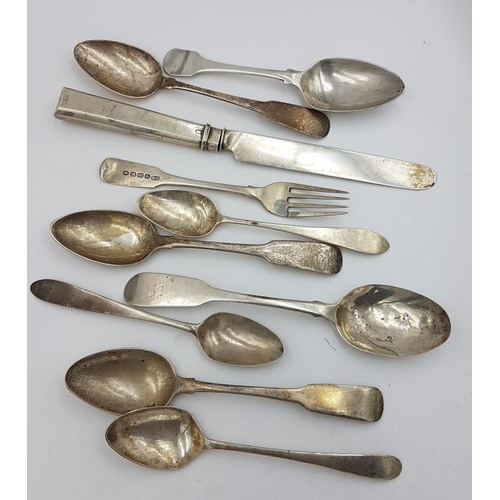435 - Collection of Irish Silver Spoons (8), a fork and a knife, c.190grams