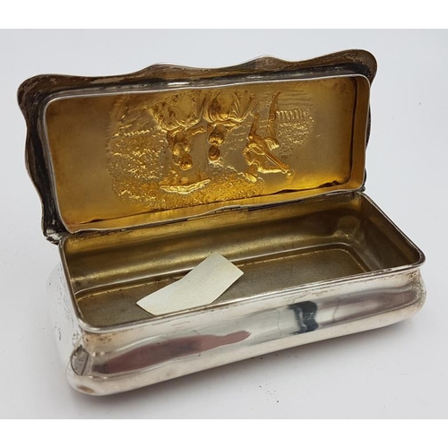 436 - Edwardian Silver Trinket Box which is embossed with a man playing a musical instrument to two women,... 