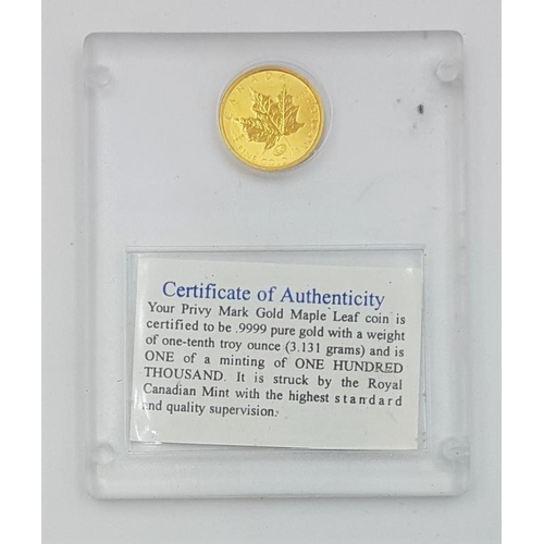 258 - Gold Canada 1/10 ounce (in hard plastic container)