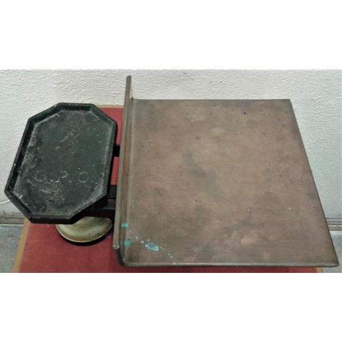 134 - Victorian Cast Iron Weighing Scales stamped G.P.O. and Copper Pan Engraved G. P. O. - 13 X 10ins