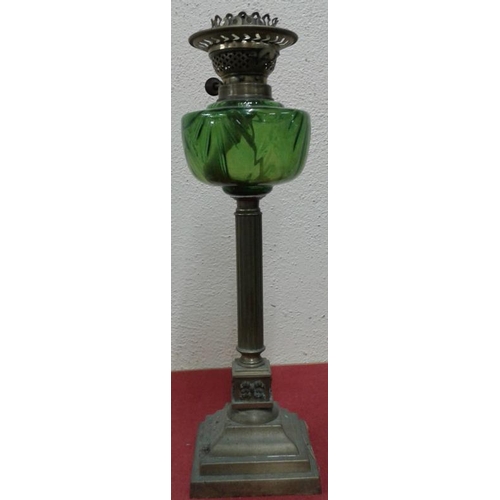 138 - Victorian Oil Lamp with Moulded Green Glass Reservoir and Brass Corinthian Column - 20ins