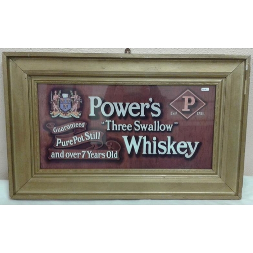 233 - 'Power's Three Swallow Whiskey' Advertising Sign - c. 31 x 19ins