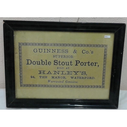 257 - 'Double Stout Porter - Hanley's, Waterford' Advertising Sign - c. 20 x 15ins